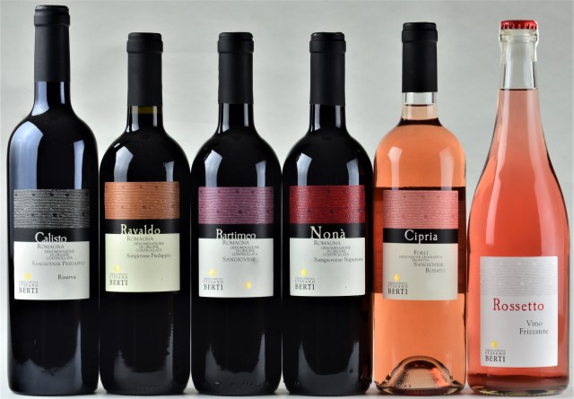 I vini da uve sangiovese prodotti nell'azienda Stefano Berti a Predappio : Calisto, Ravaldo , Bartimeo , Nonà, Cipria e Rossetto.